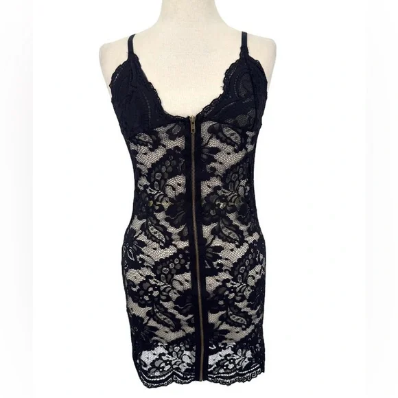Black Lace‎ Lingerie Slip Front Zip Sheer Floral Chemise Medium - Picture 2 of 8